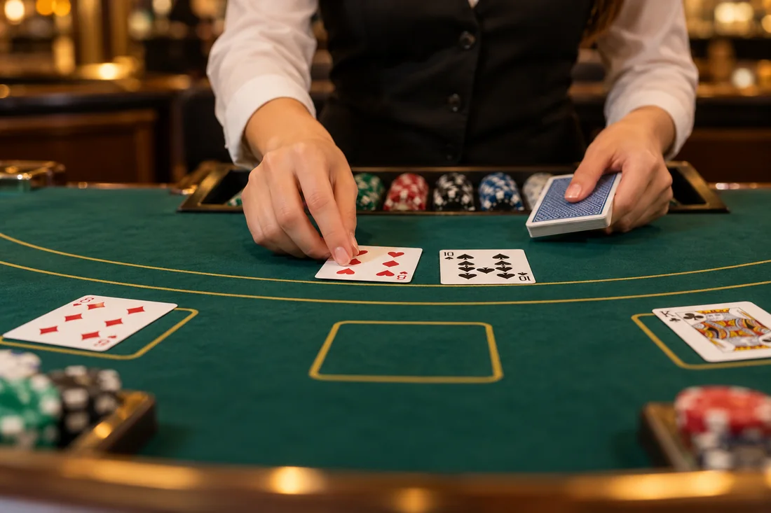 Dealer arranging cards at a live casino table